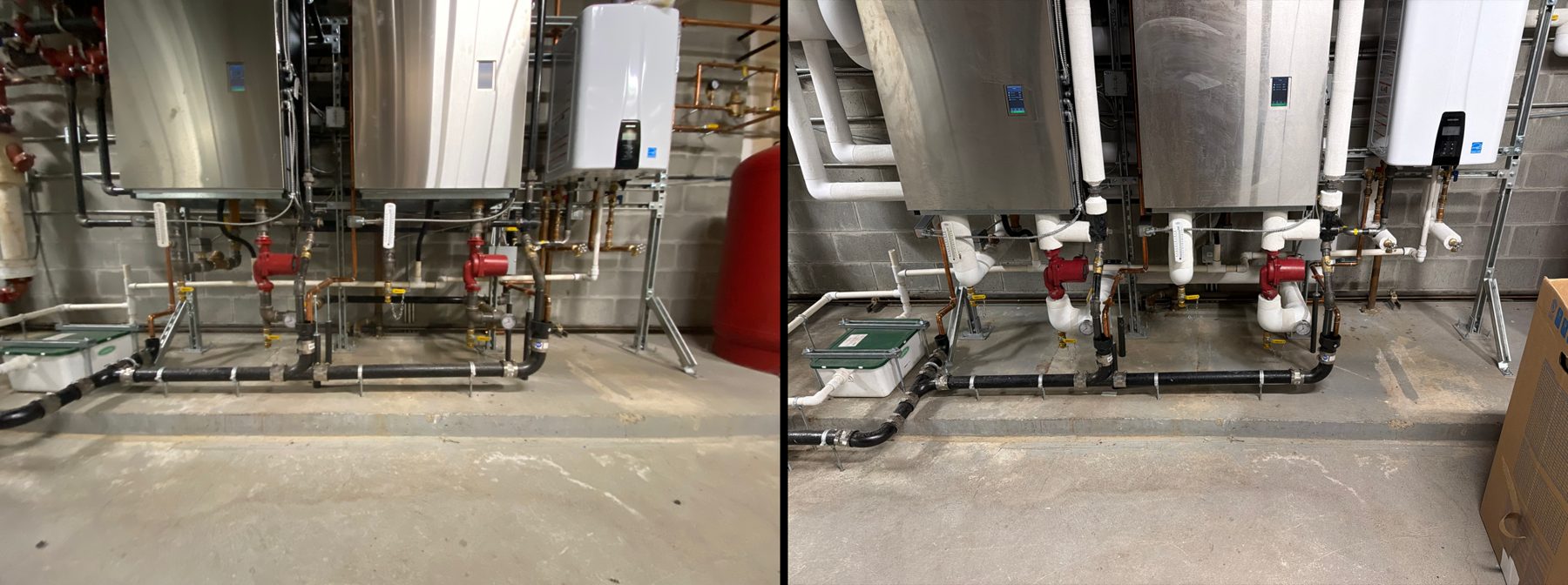 Boiler room piping before and after insulation