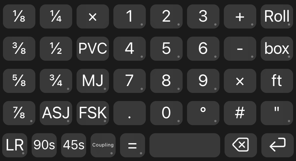 The Wrap Logic takeoff keyboard: fraction keys, numbers, PVC, MJ, ASJ, FSK, LR, 90s, 45s, Coupling, Roll, box and ft keys